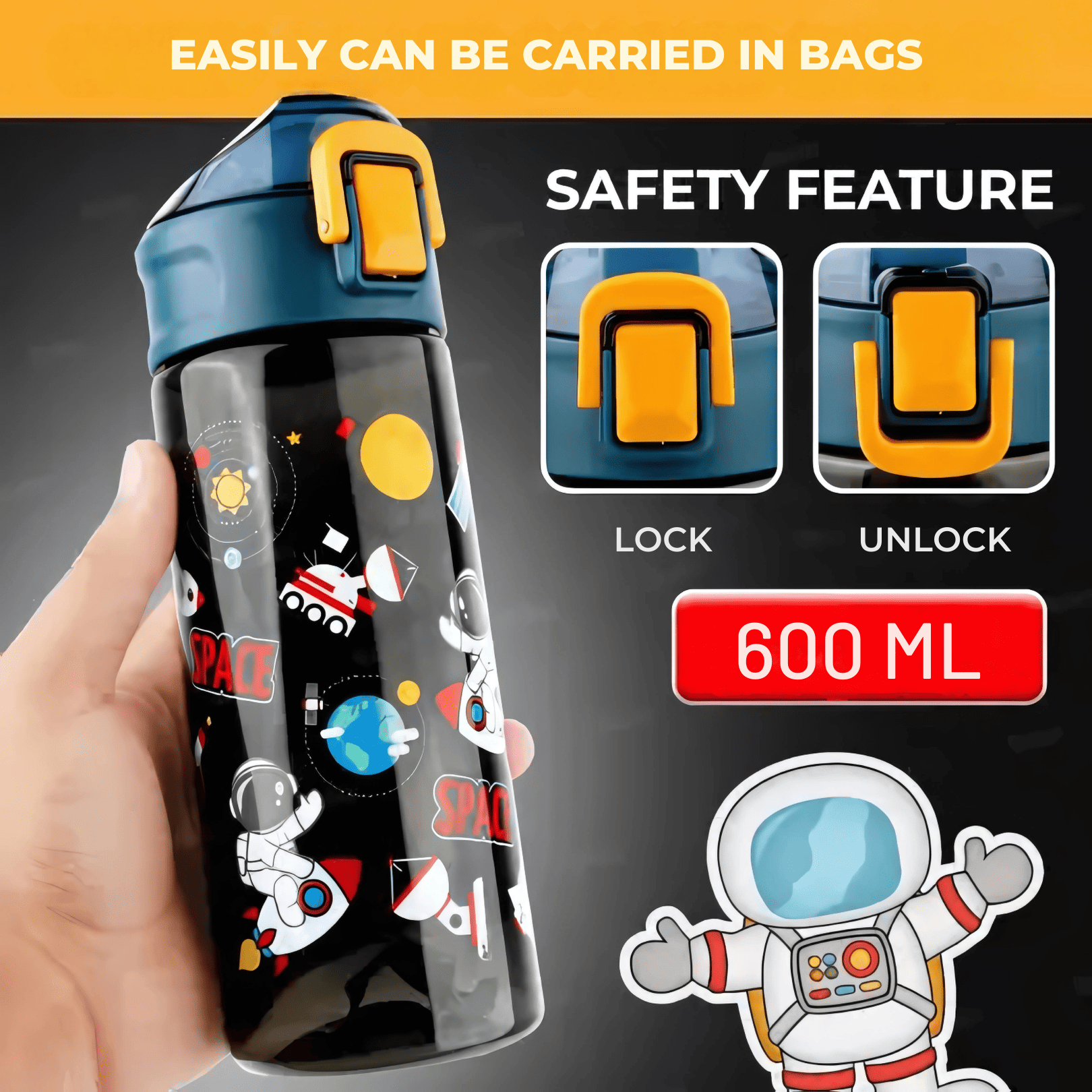 Water Bottle With Sipper Space Design Theme For Kids Anti-Leak Astronaut Kids 600 ml Bottle - Pack of 1