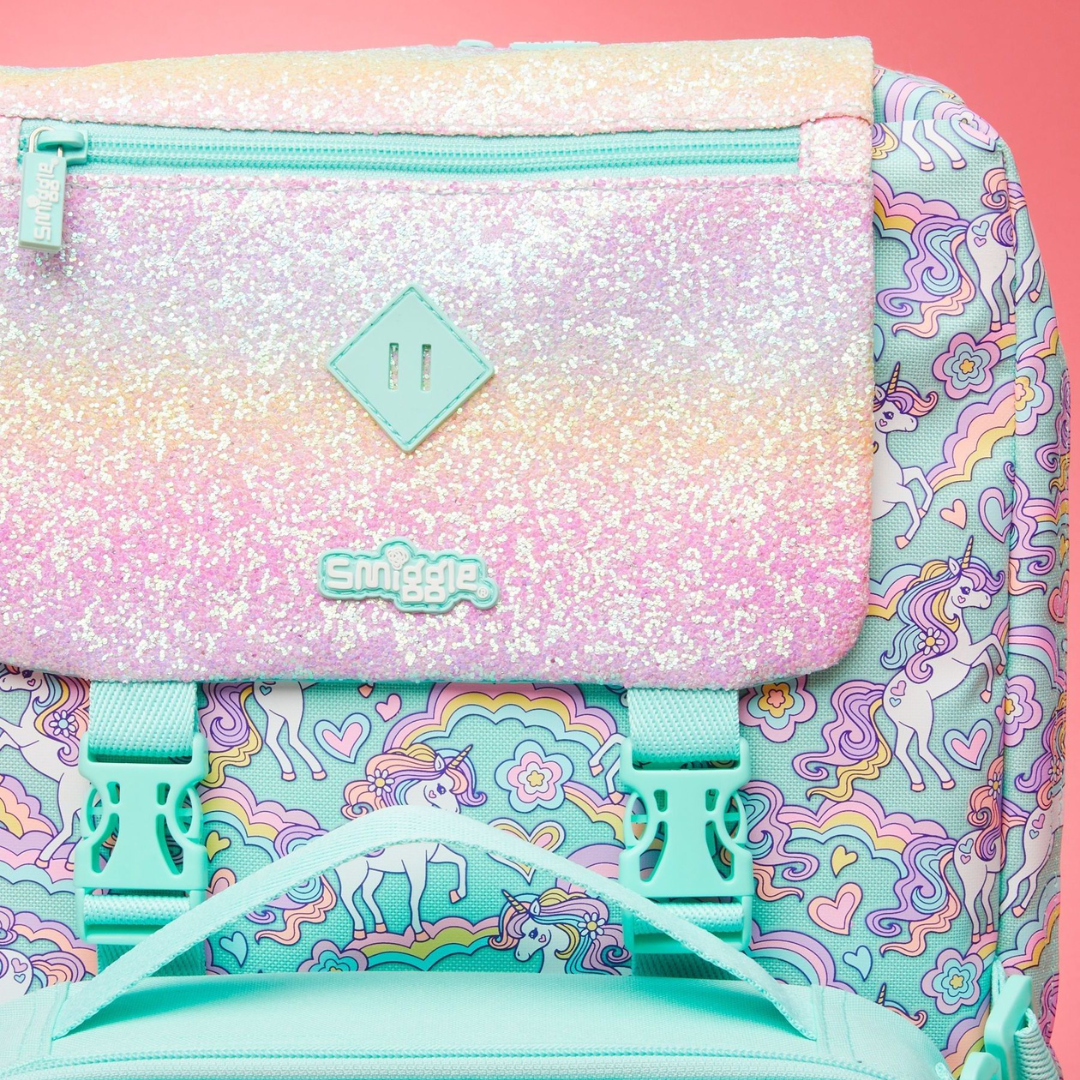 š¦āØ Smiggle āLimitless Explorerā Foldover Backpack | Teal Glitter Unicorn | 22L