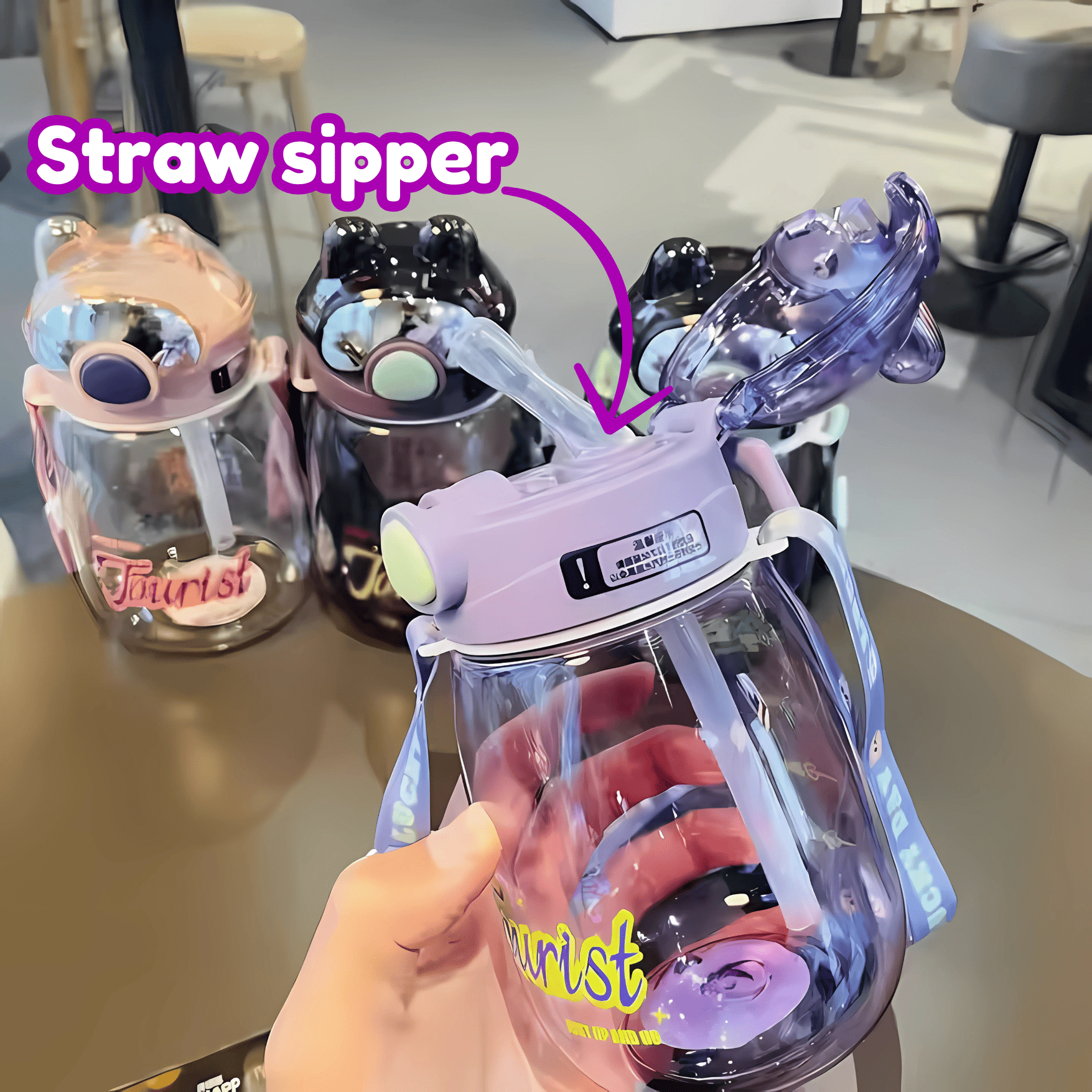 Leak-Proof Cartoon Water Bottle with Straw & Shoulder Strap – 550ml - Pack of 1 hu