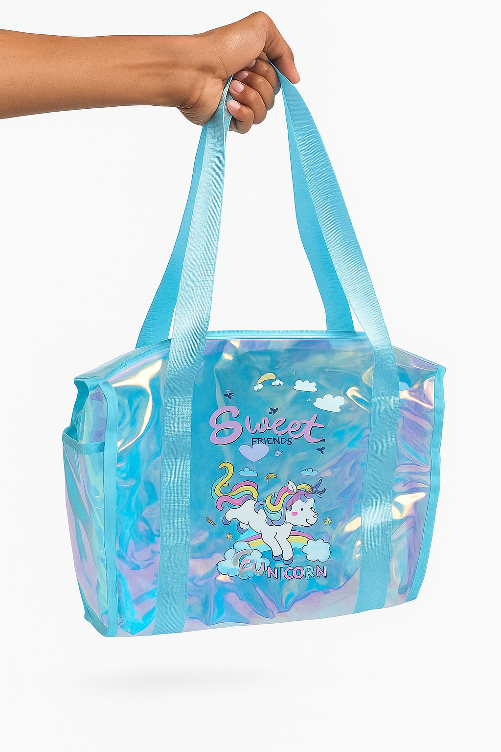 Kids Transparent Iridescent PVC Tote Bag | Cute Cartoon Print | Waterproof Lightweight Shoulder Bag for Girls