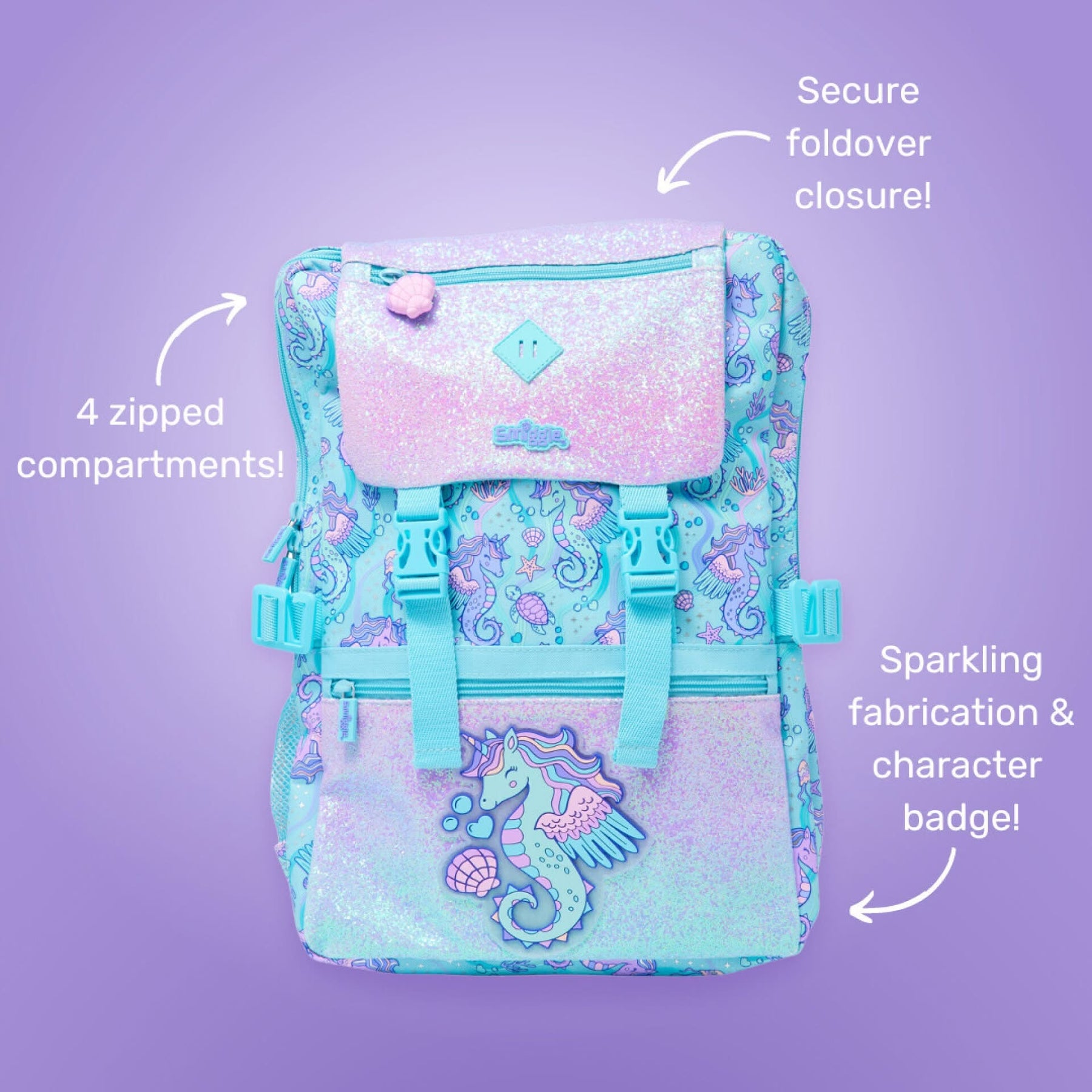 🧜♀️ Smiggle Foldover Backpack – Teal Glitter Seahorse Edition | 18" | 22L | Ages 3+