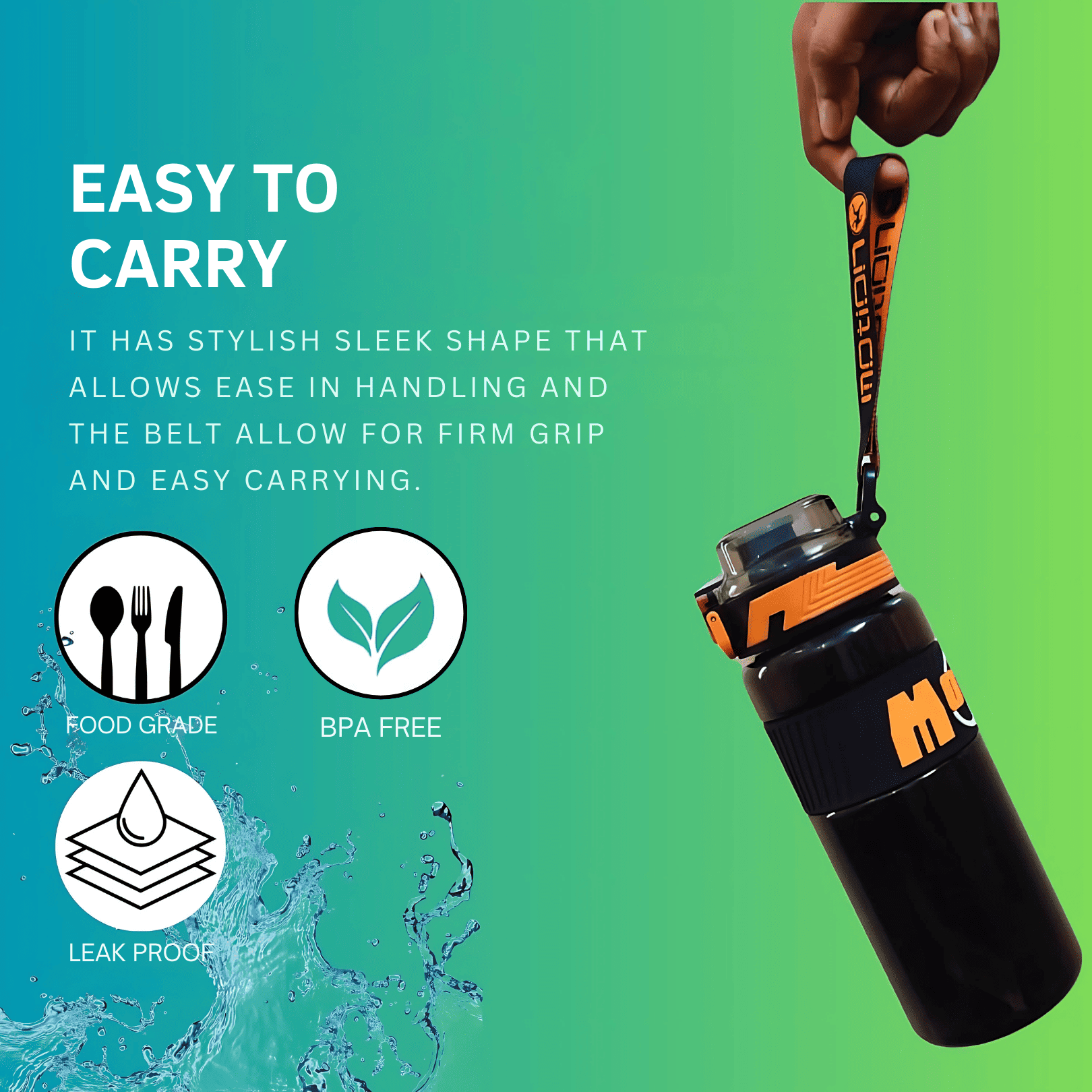 800ml Water Bottle with Straw, Push Lock Lid & Adjustable Strap - Pack of 1