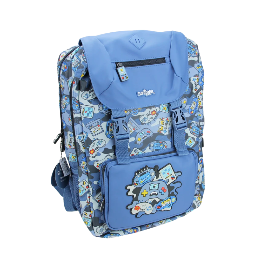 🎮 Smiggle Foldover Backpack – Video Games Blue Edition | 18" | Ages 3+