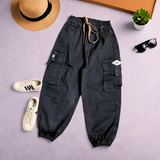 Kids' Black Cargo Joggers with Side Pockets & Drawstring Closure