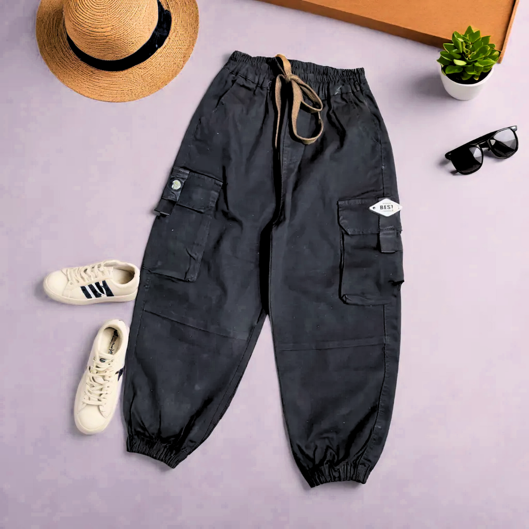 Kids' Black Cargo Joggers with Side Pockets & Drawstring Closure