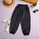 Kids' Black Cargo Joggers with Side Pockets & Drawstring Closure