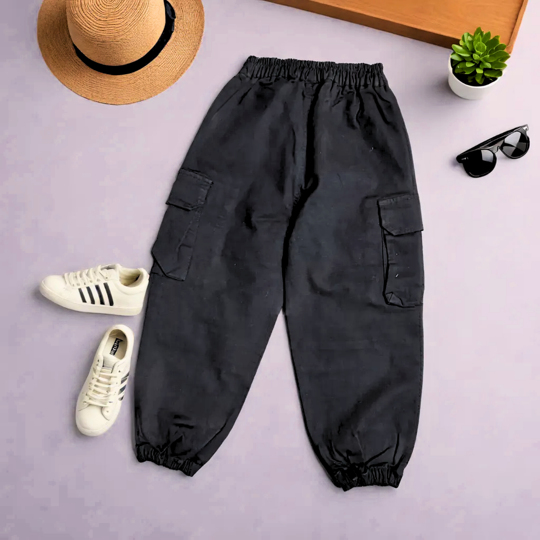 Kids' Black Cargo Joggers with Side Pockets & Drawstring Closure