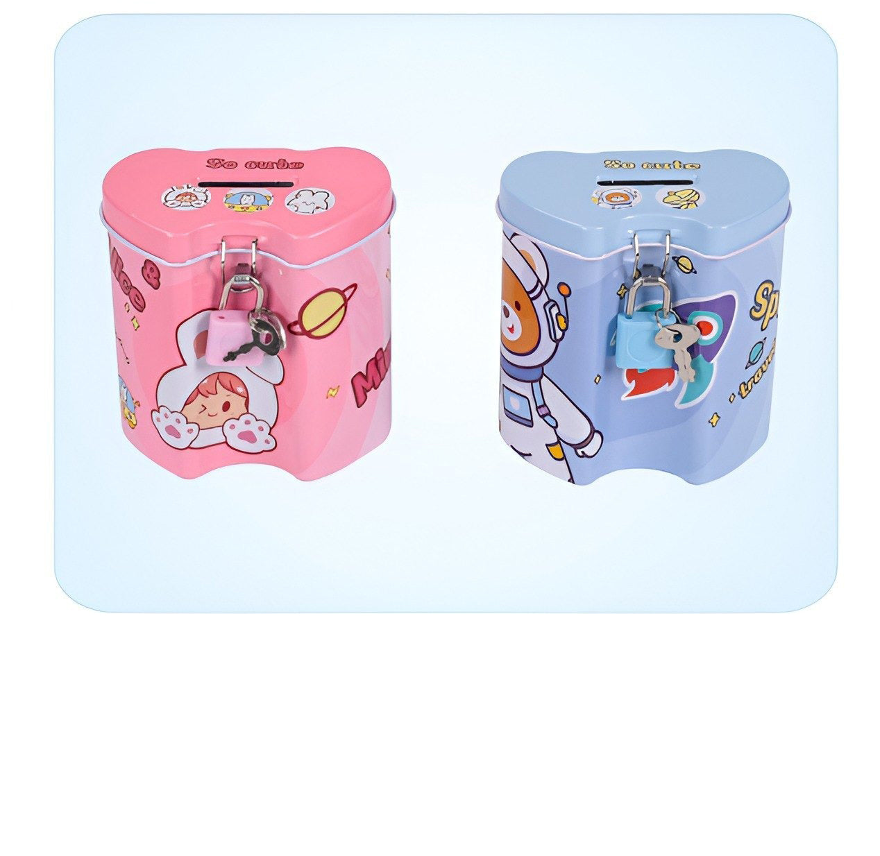 Pack of 2 – Cartoon Heart-Shaped Coin Banks with Lock & Key (Bunny & Space Design) – Money Saving Box for Kids