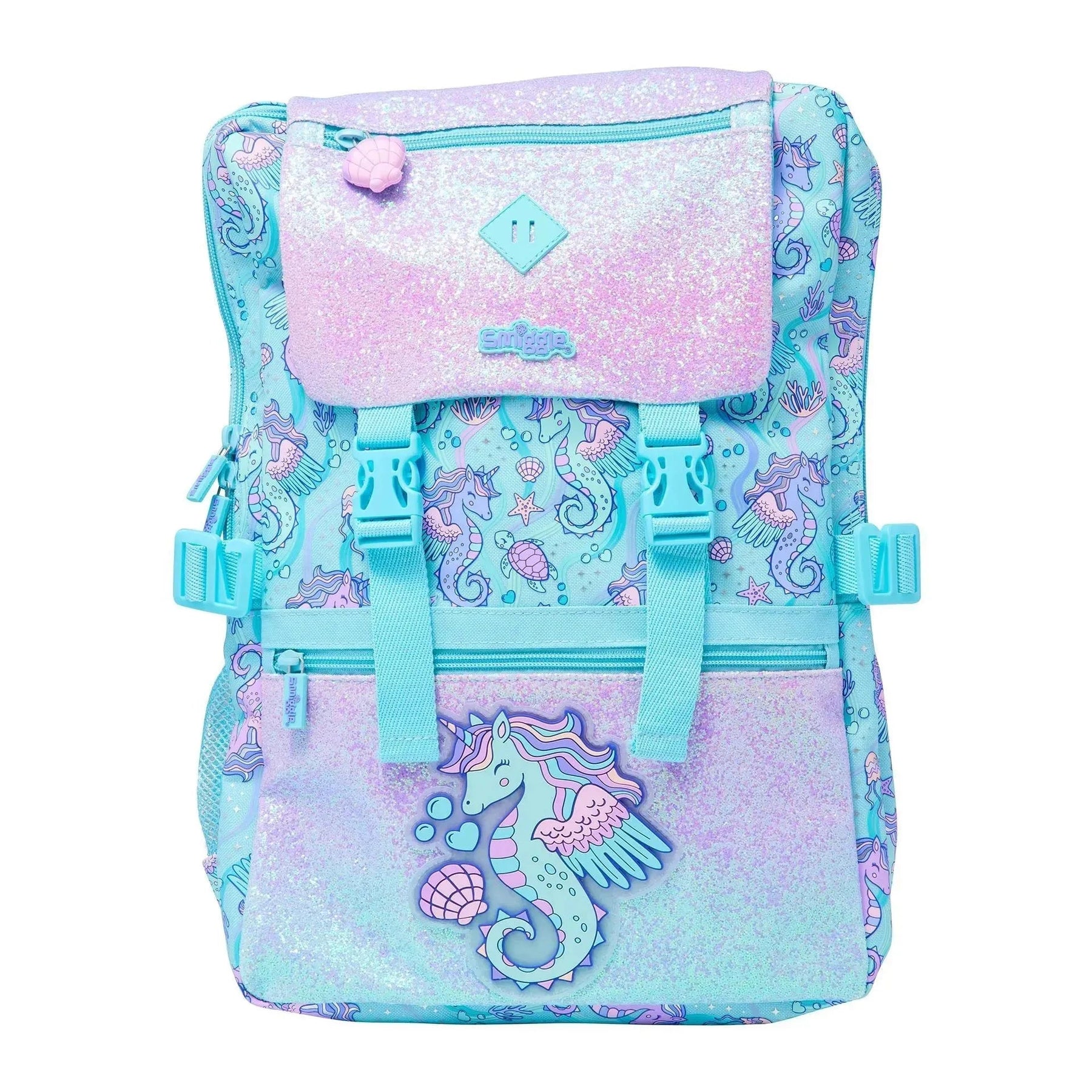 🧜♀️ Smiggle Foldover Backpack – Teal Glitter Seahorse Edition | 18" | 22L | Ages 3+