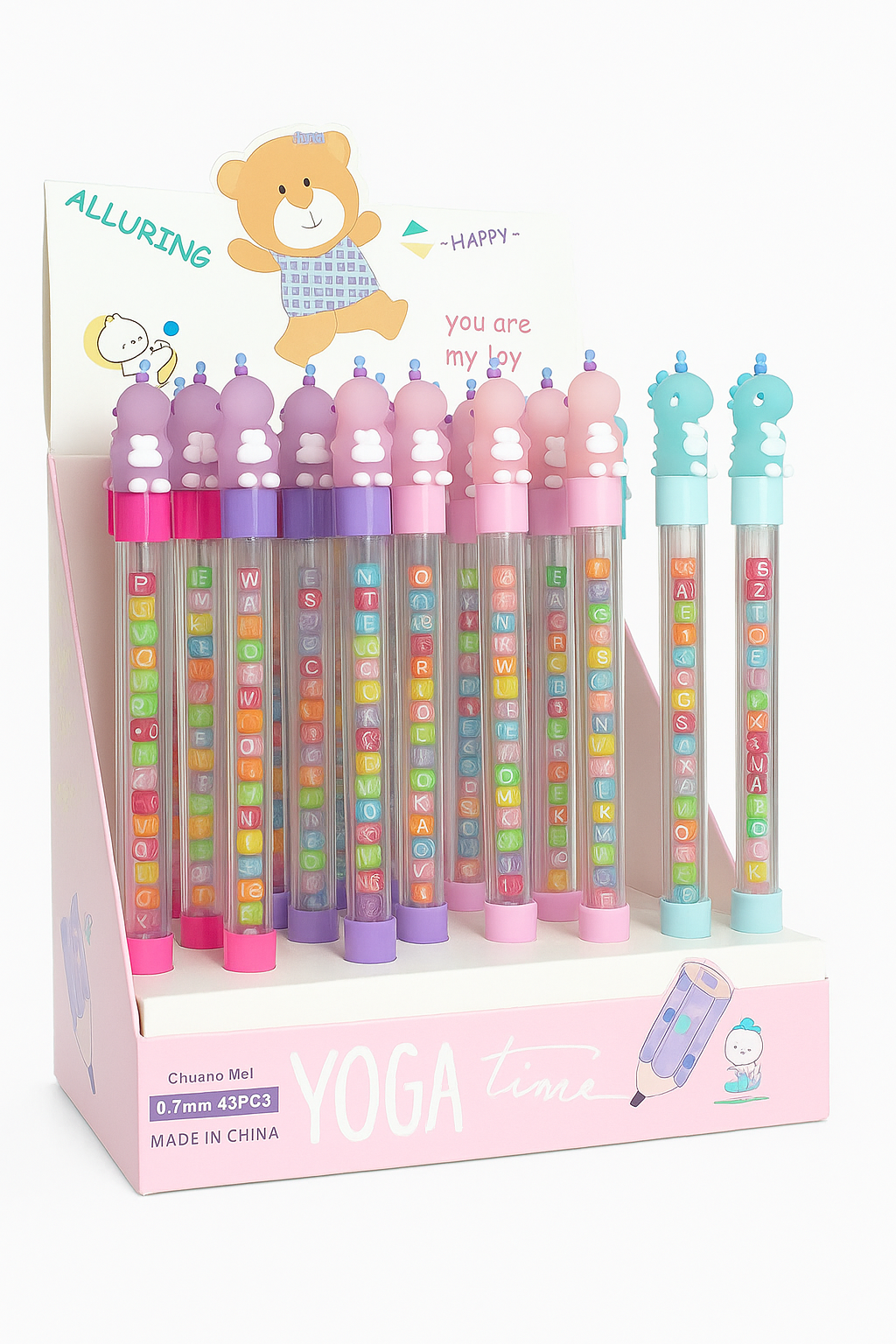Pack of 5 Cute Alphabet Bead Gel Pens for Kids | 0.7mm Smooth Writing | Multicolor Ink with Animal Caps