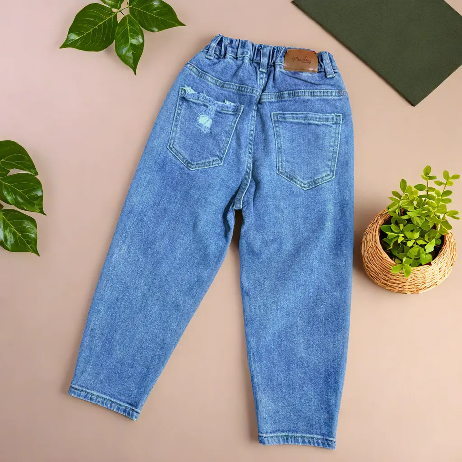 Kids Distressed Denim Jeans with Rubber Fit Waist & Back Pocket