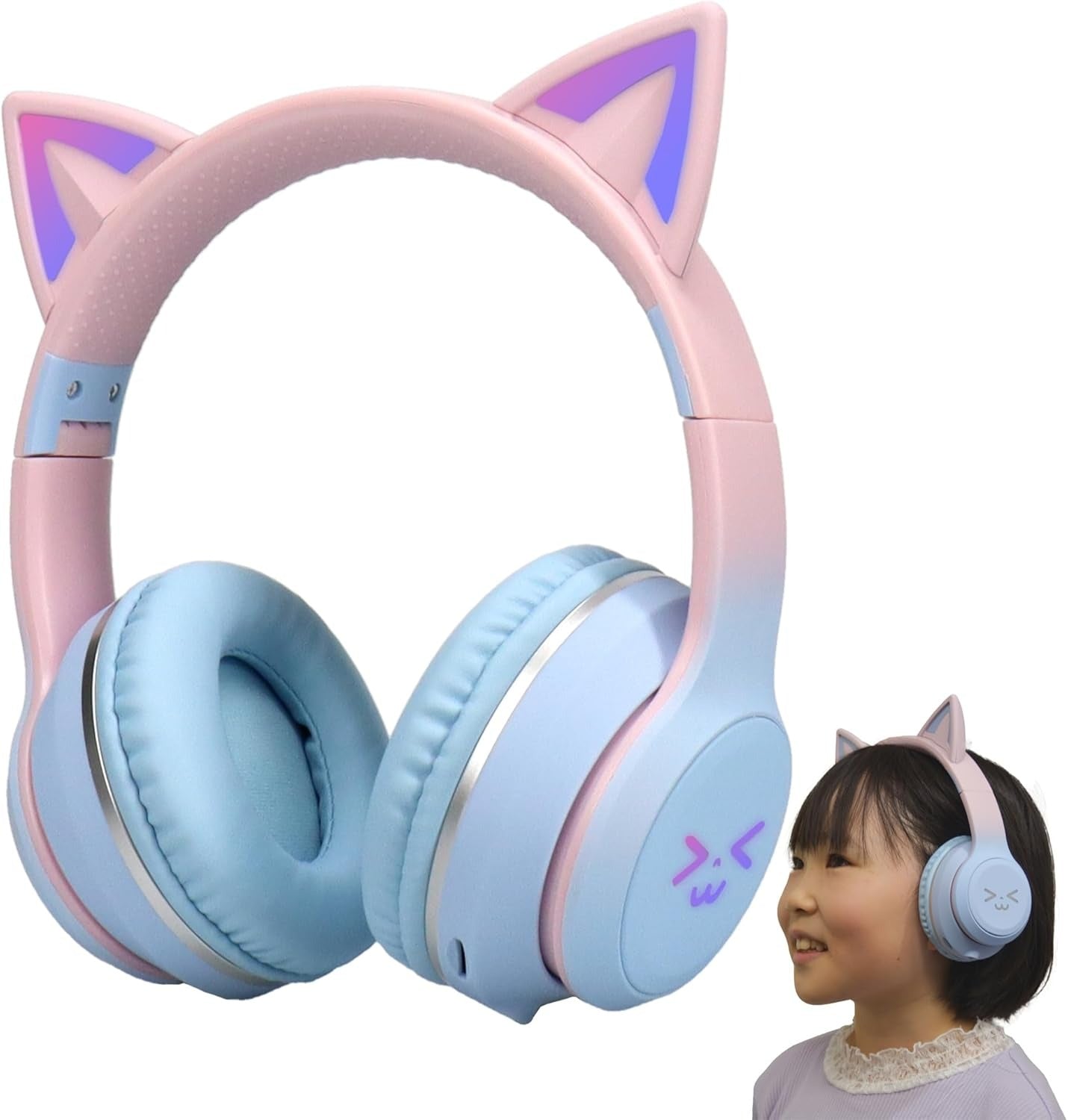 Kids Bluetooth Headphones with LED Cat Ears – Wireless Foldable Headset with Mic, TF Card Slot, Over-Ear Stereo Sound for Kids, Teens & Adults