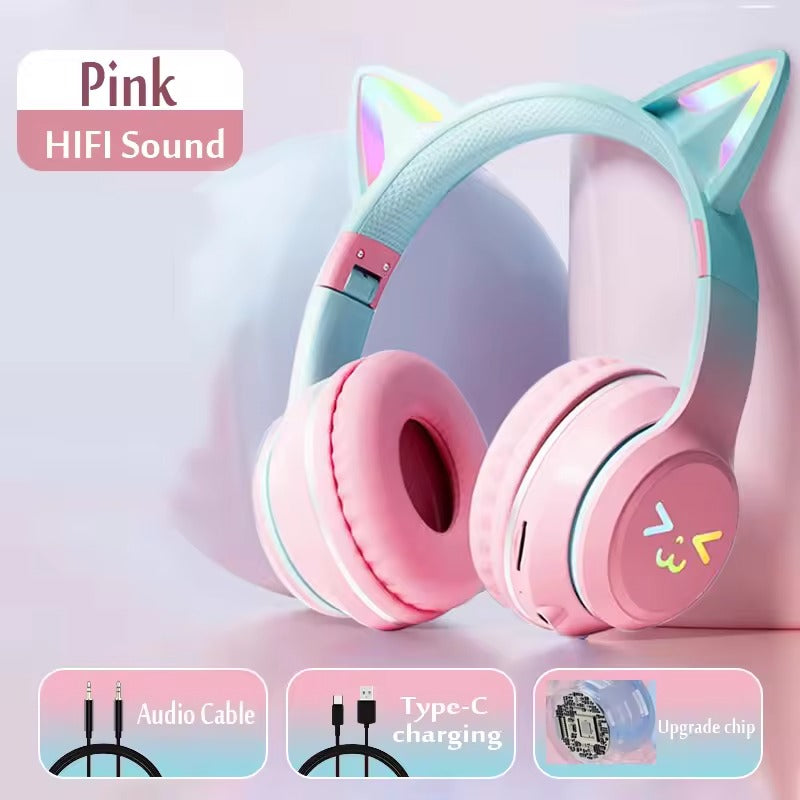 Kids Bluetooth Headphones with LED Cat Ears – Wireless Foldable Headset with Mic, TF Card Slot, Over-Ear Stereo Sound for Kids, Teens & Adults