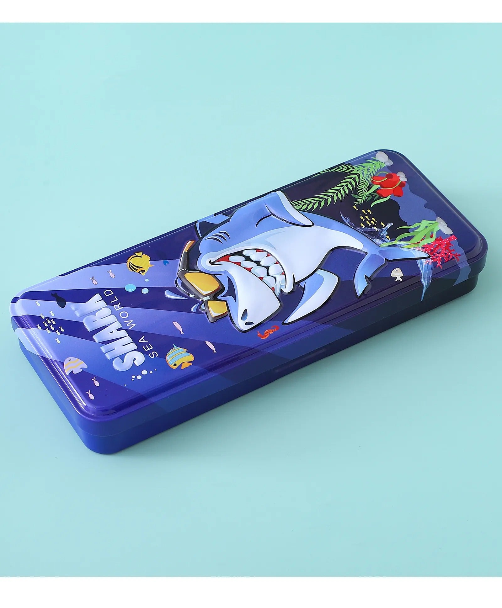Shark Sea World Pencil Box for Kids – Cartoon Shark Metal Stationery Case