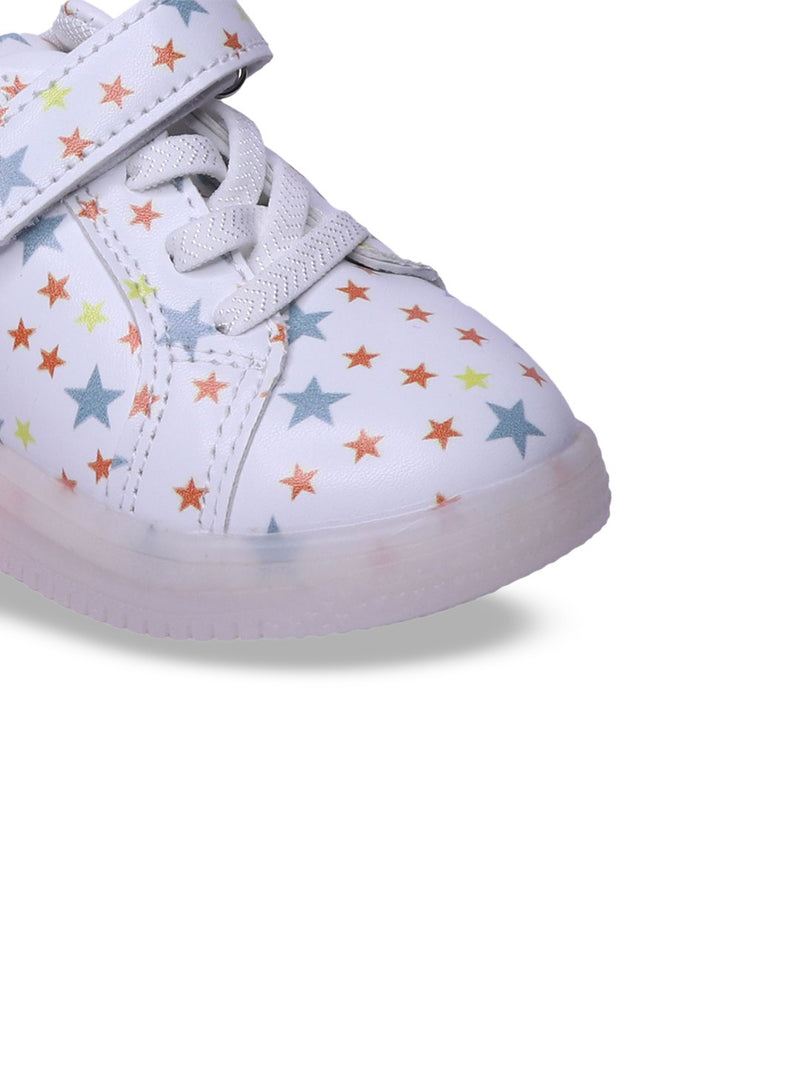 Unisex Kids Printed PU Sneakers – White with Laser Cut Detailing