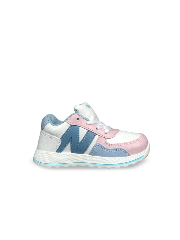 Kids Colourblocked Sneakers – Pink, White & Blue with Lace-Ups