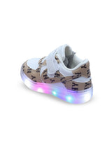 Unisex Kids Printed PU Sneakers with LED Lights – Brown with Velcro Fastening