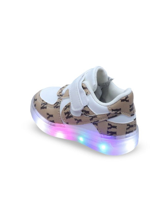 Unisex Kids Printed PU Sneakers with LED Lights – Brown with Velcro Fastening