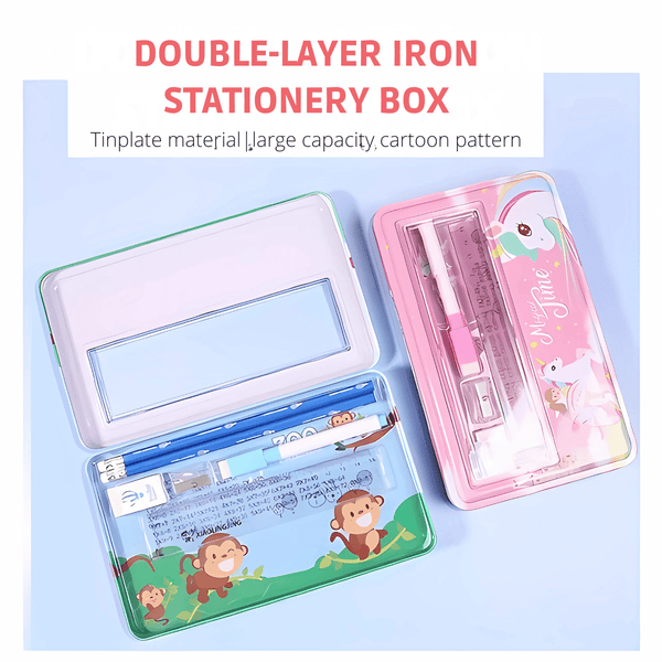 Double Layer Metal Pencil Case With Stationery Set For Kids (Pack of 1)