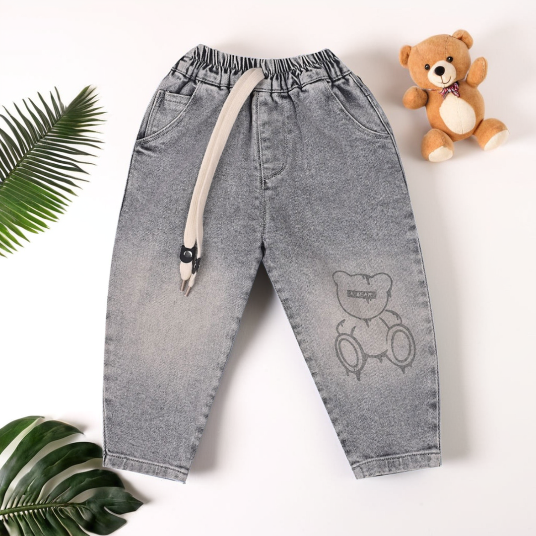 Girls' Denim Jeans with Drawstring Closure & Teddy Bear Applique