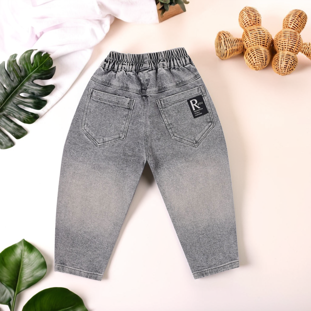 Girls' Denim Jeans with Drawstring Closure & Teddy Bear Applique