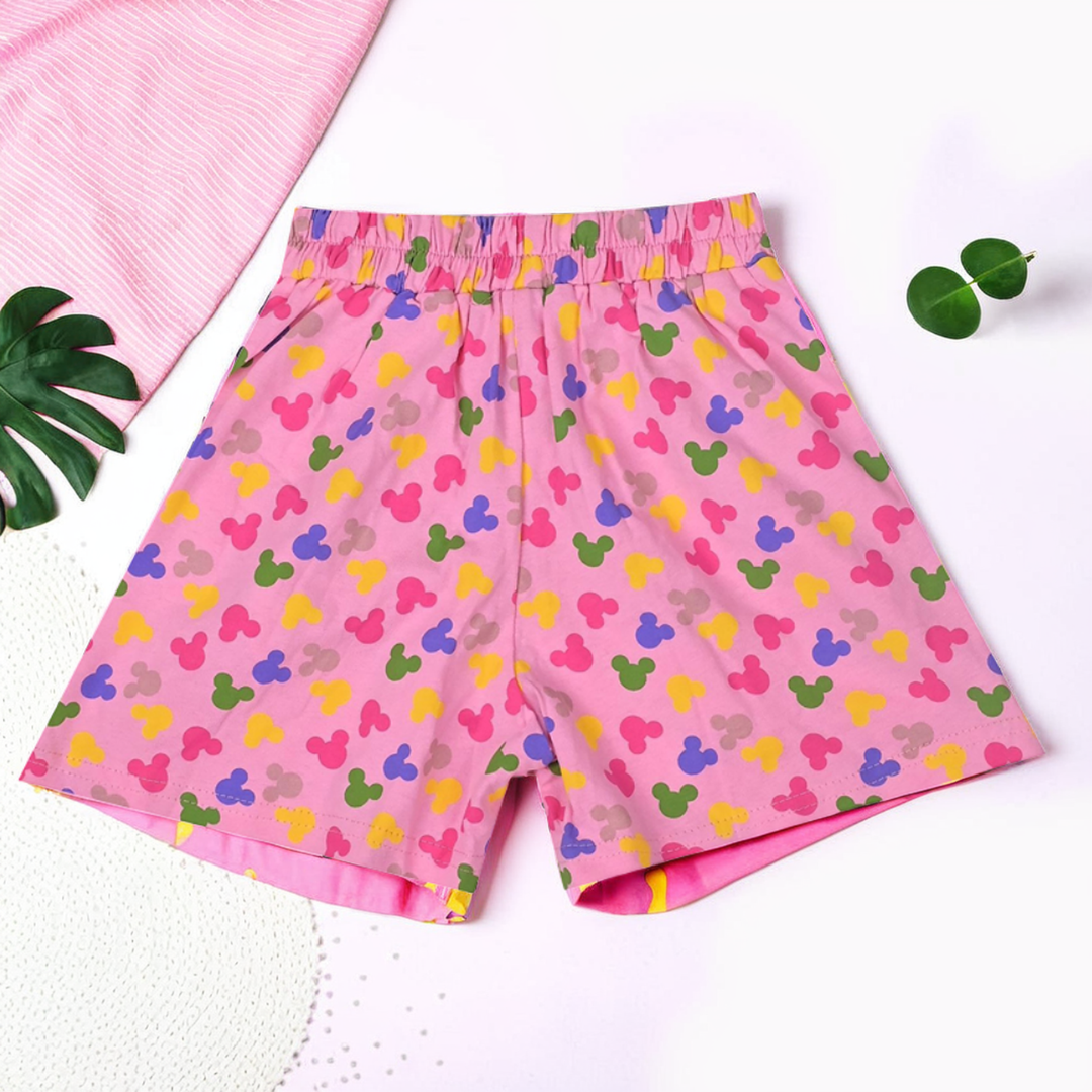 Mickey Mouse Print Pink T-Shirt & Shorts Set for Girls