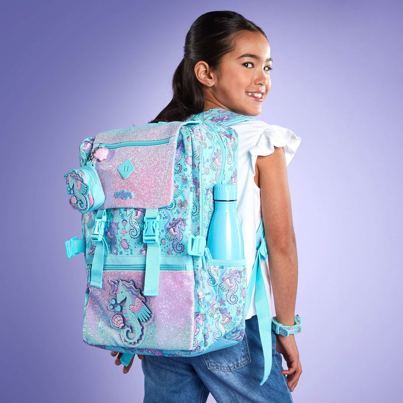 🧜‍♀️ Smiggle Foldover Backpack – Teal Glitter Seahorse Edition | 18" | 22L | Ages 3+