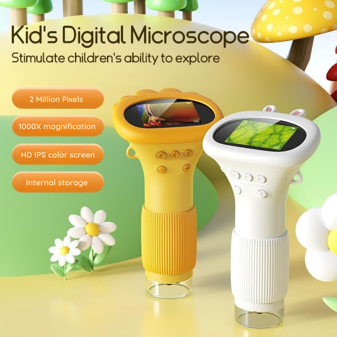 Portable Digital Microscope for Kids - 1000X Magnification, Adjustable LED Lights, and Built-in Storage
