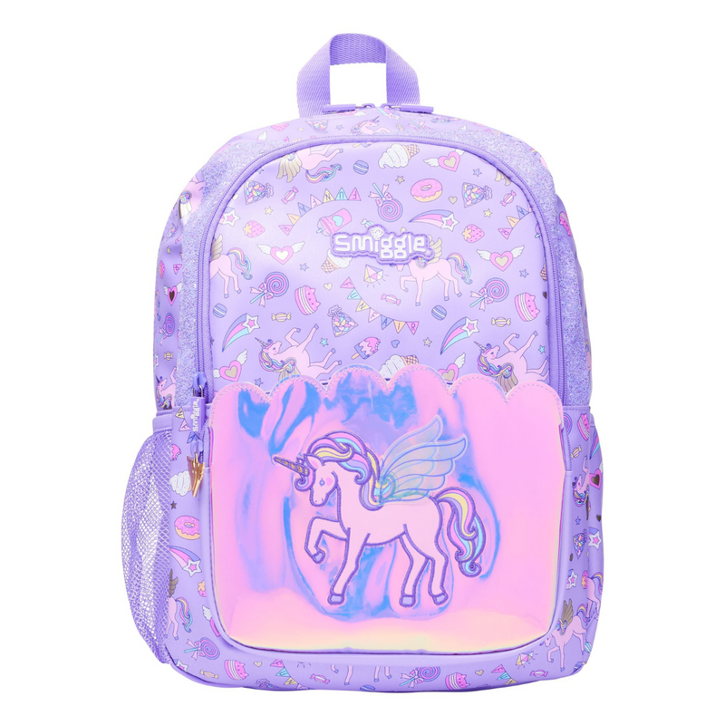 ✨ Smiggle Fun Fair Classic Backpack - Unicorn Applique, 17.8L, Pearlescent Finish & Glitter Details 🎠