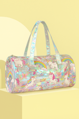 Holographic Unicorn Print Duffel Bag for Girls – Stylish, Lightweight & Trendy Travel Tote | Magical Unicorn Holographic Travel Bag for Girls – Glittery Rainbow Duffel with Cartoon Print