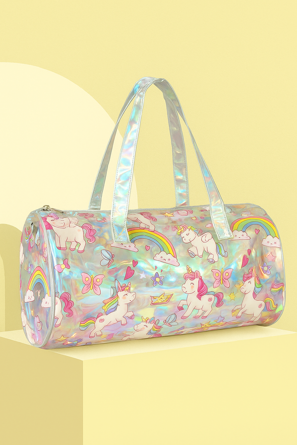 Holographic Unicorn Print Duffel Bag for Girls – Stylish, Lightweight & Trendy Travel Tote | Magical Unicorn Holographic Travel Bag for Girls – Glittery Rainbow Duffel with Cartoon Print