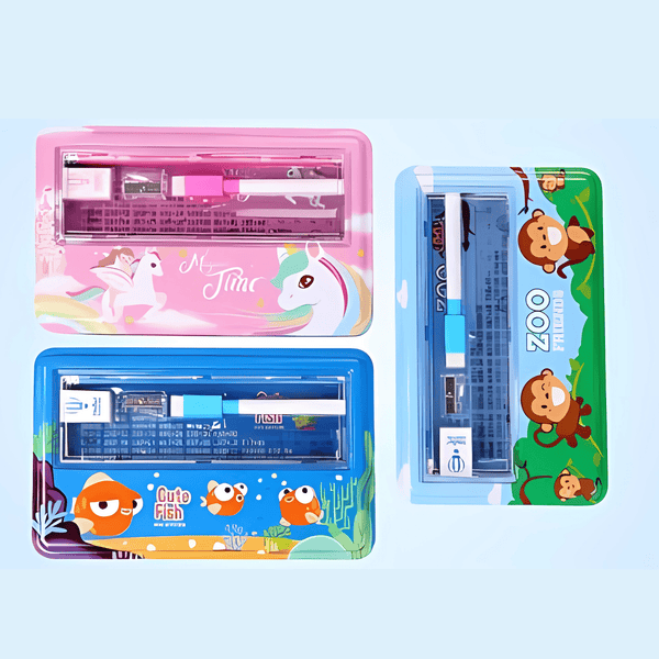 Double Layer Metal Pencil Case With Stationery Set For Kids (Pack of 1)