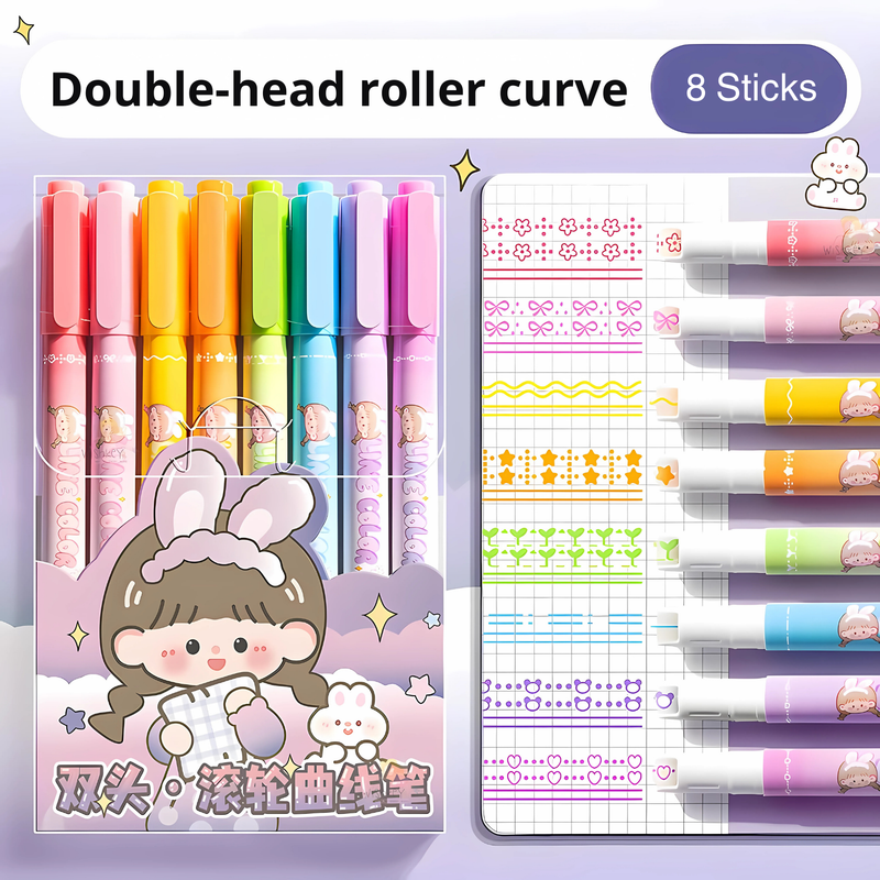 Plastic Double-Head Roller Marker Pen Set - 8 Pieces