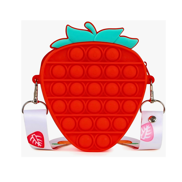 Strawberry-Shaped Pop It Fidget Toy Sling Bag for Kids – Silicone Crossbody Purse with Keychain