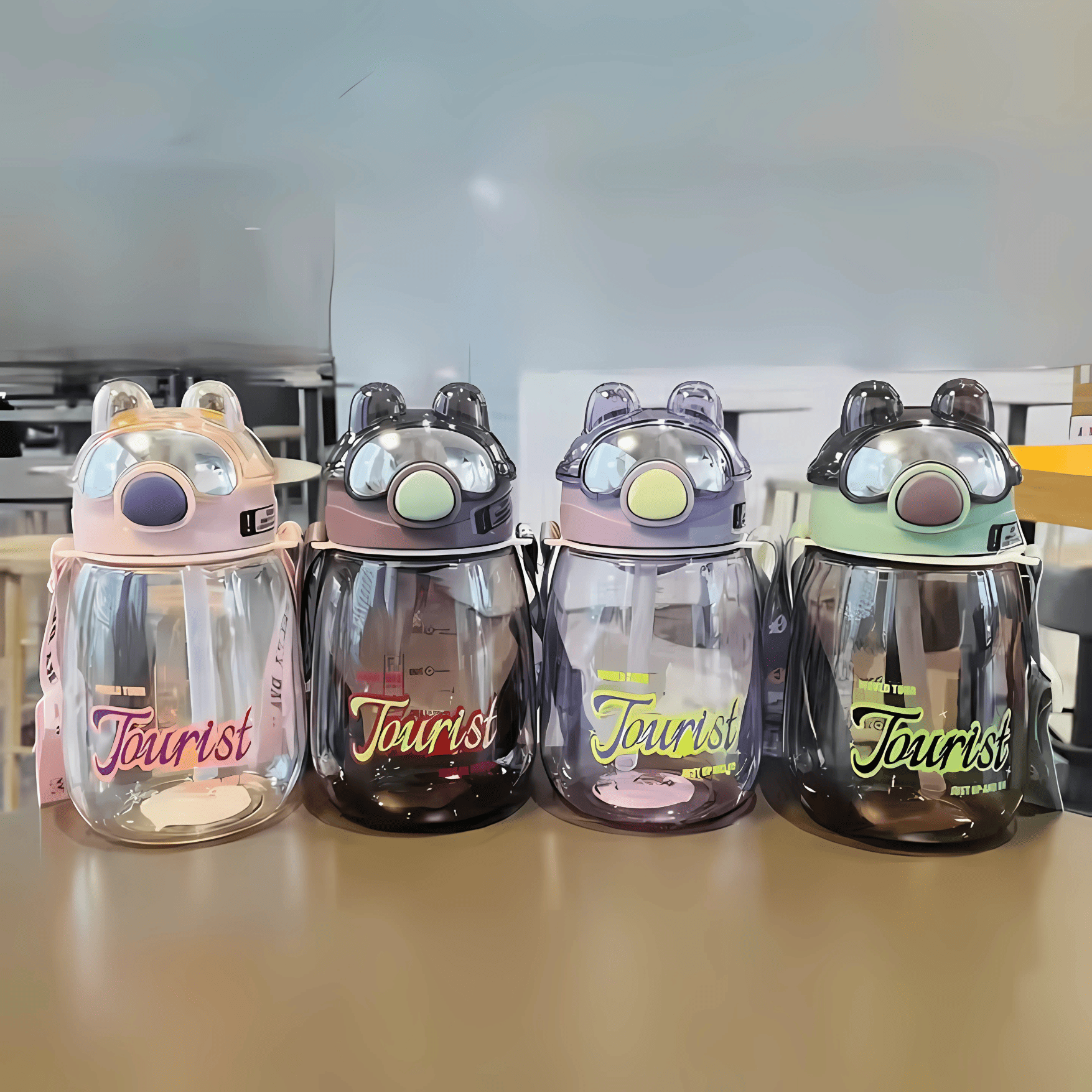 Leak-Proof Cartoon Water Bottle with Straw & Shoulder Strap – 550ml - Pack of 1 hu