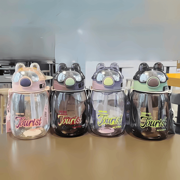 Leak-Proof Cartoon Water Bottle with Straw & Shoulder Strap – 550ml - Pack of 1