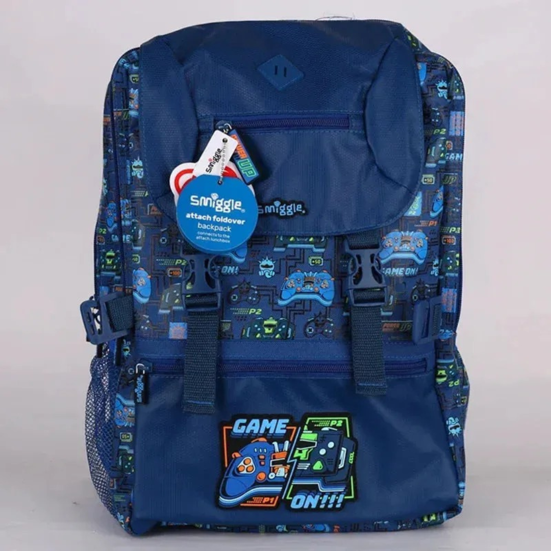 🎮 Smiggle “Game On” Foldover Backpack – Blue | Limitless Collection | 22L