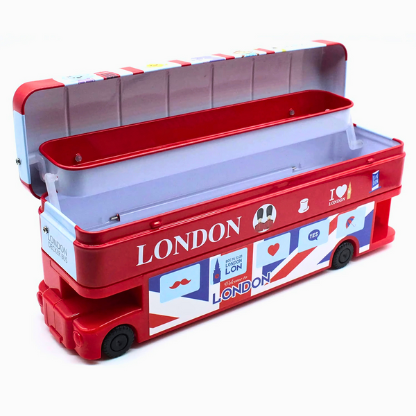 Double Decker Bus Shaped Metal Compass Box with Moving Tyres and Sharpener for Kids