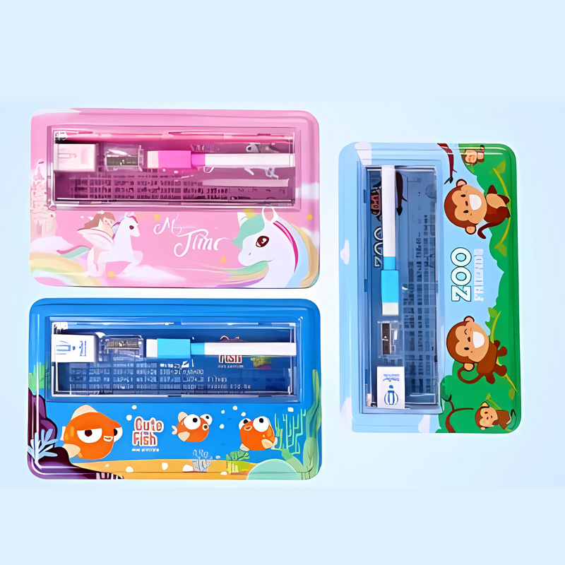 Double Layer Metal Pencil Case With Stationery Set For Kids (Pack of 1)