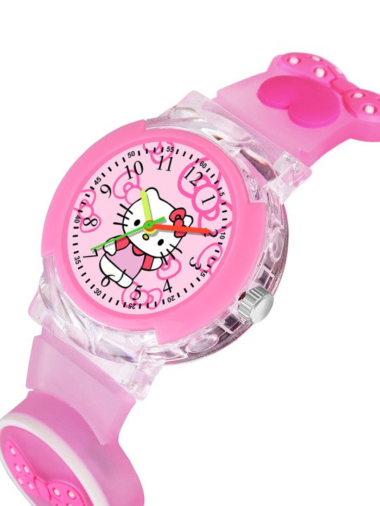 Kids - Girls Patterned LED Dial & Straps Analogue Watch Kitty Pink