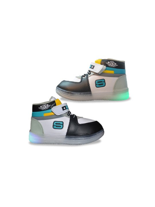 Kids Colourblocked Round Toe LED Sneakers – Black, White & Blue