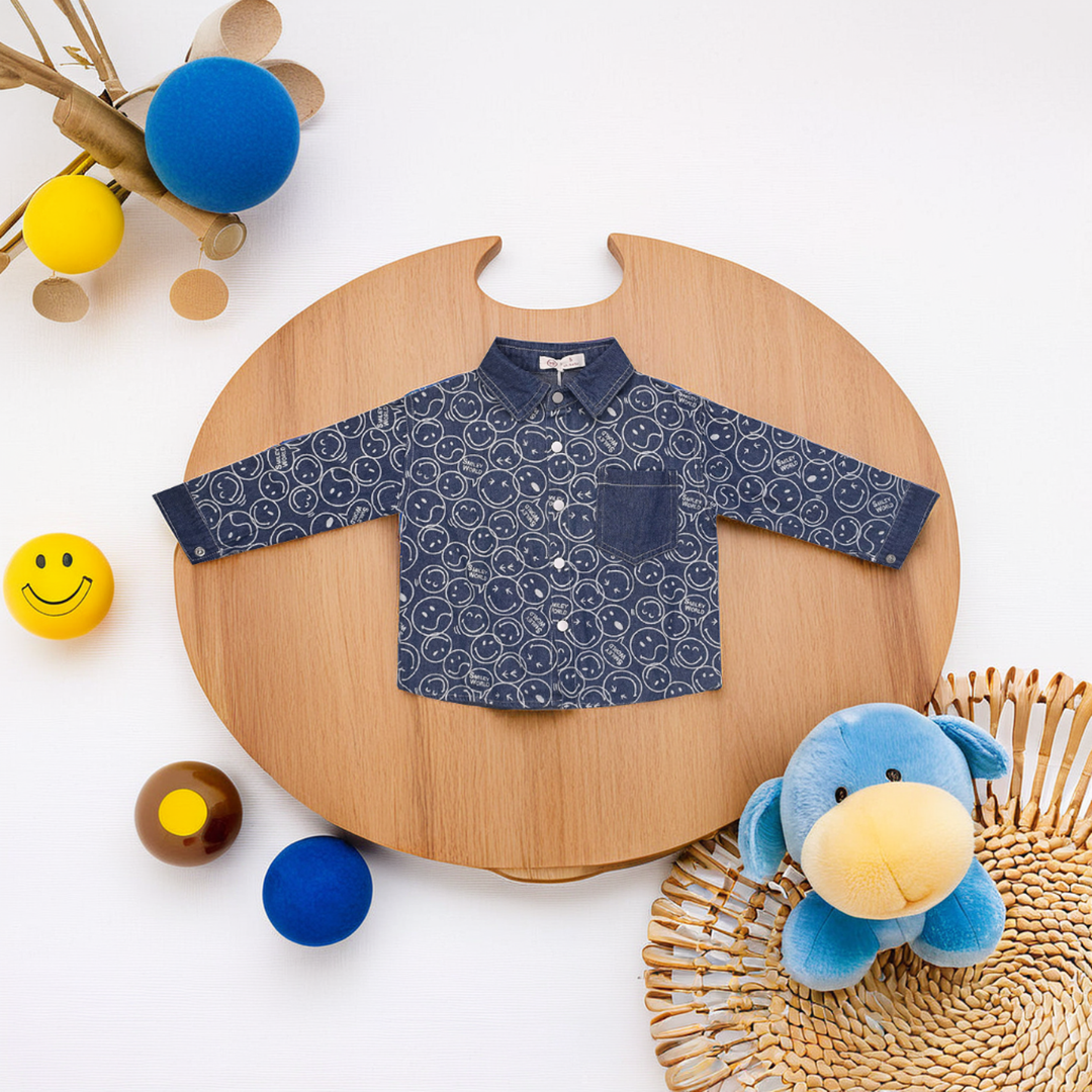 Denim Full-Sleeve Shirt with Chest Pocket & Smiley Emoji Print For Boys
