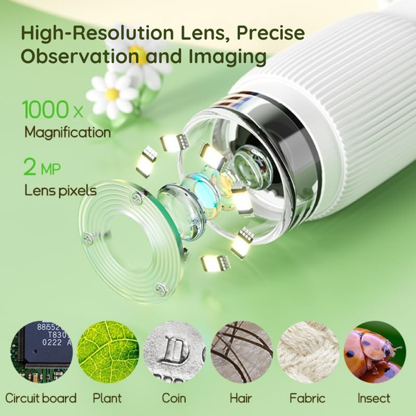 Portable Digital Microscope for Kids - 1000X Magnification, Adjustable LED Lights, and Built-in Storage