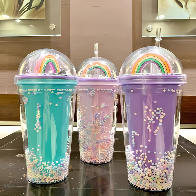 Rainbow Design Printed Sipper Bottle with Straw – Glitter Mason Jar Tumbler for Girls