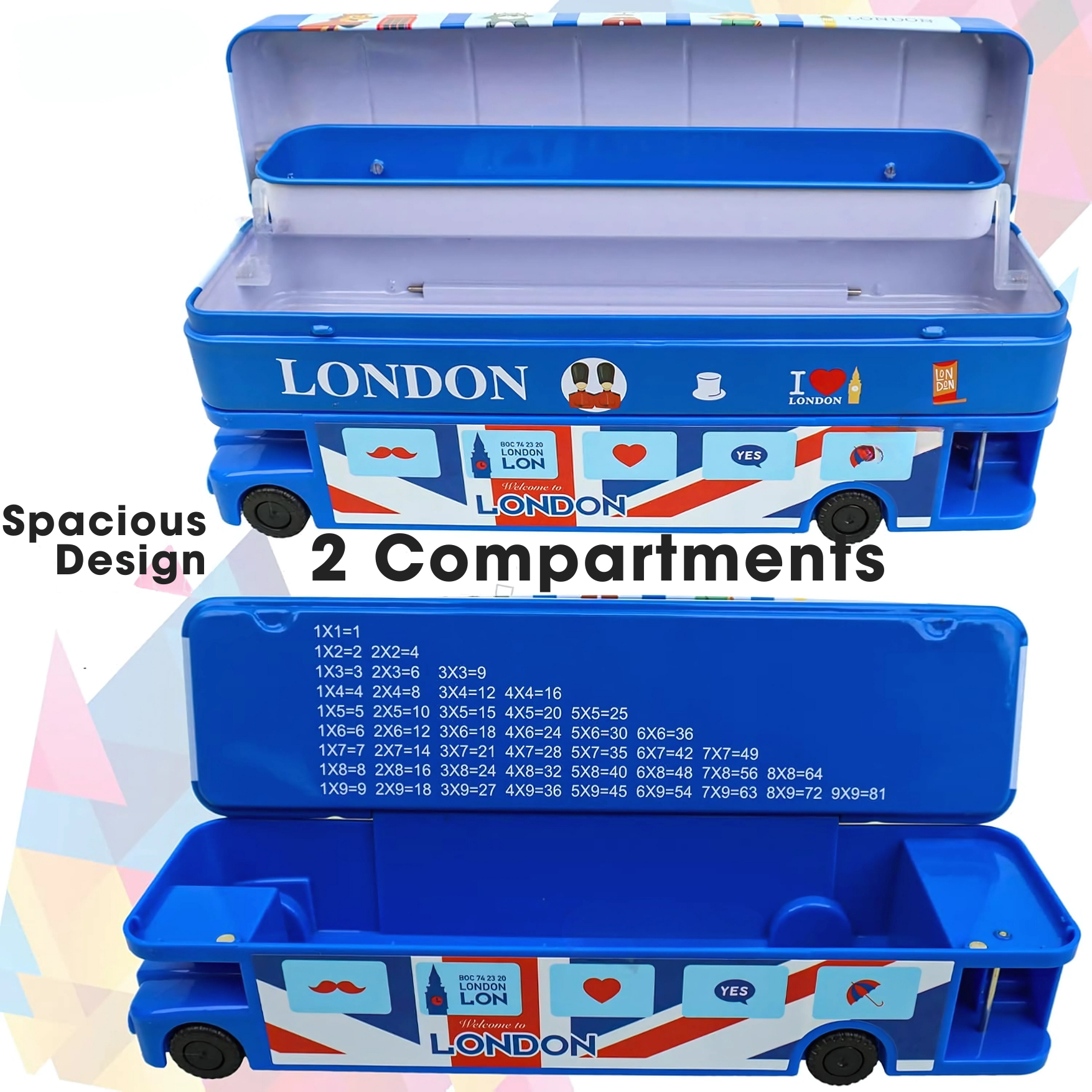 Double Decker Bus Shaped Metal Compass Box with Moving Tyres and Sharpener for Kids