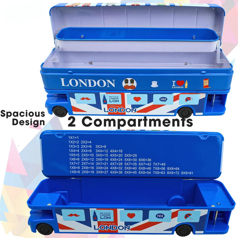 Double Decker Bus Shaped Metal Compass Box with Moving Tyres and Sharpener for Kids