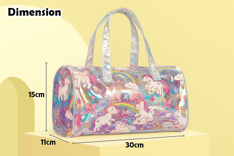 Holographic Unicorn Print Duffel Bag for Girls – Stylish, Lightweight & Trendy Travel Tote | Magical Unicorn Holographic Travel Bag for Girls – Glittery Rainbow Duffel with Cartoon Print