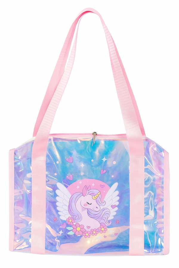 Kids Transparent Iridescent PVC Tote Bag | Cute Cartoon Print | Waterproof Lightweight Shoulder Bag for Girls