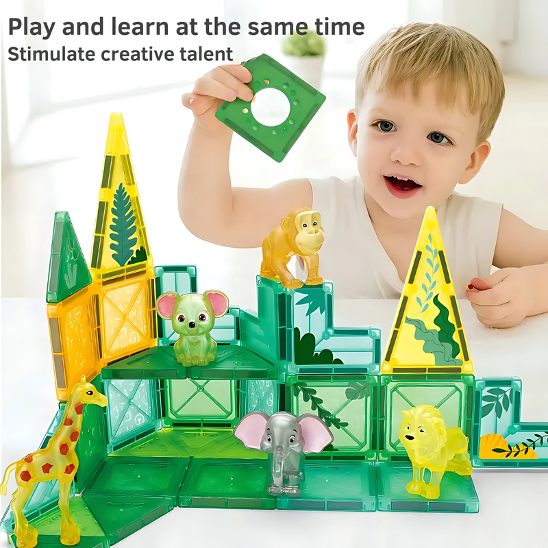 Magnetic Disc & Magnetic Tiles Set – STEM Building Toy for Kids (3D Structure Assembly, Forest Theme, Ages 3-7)