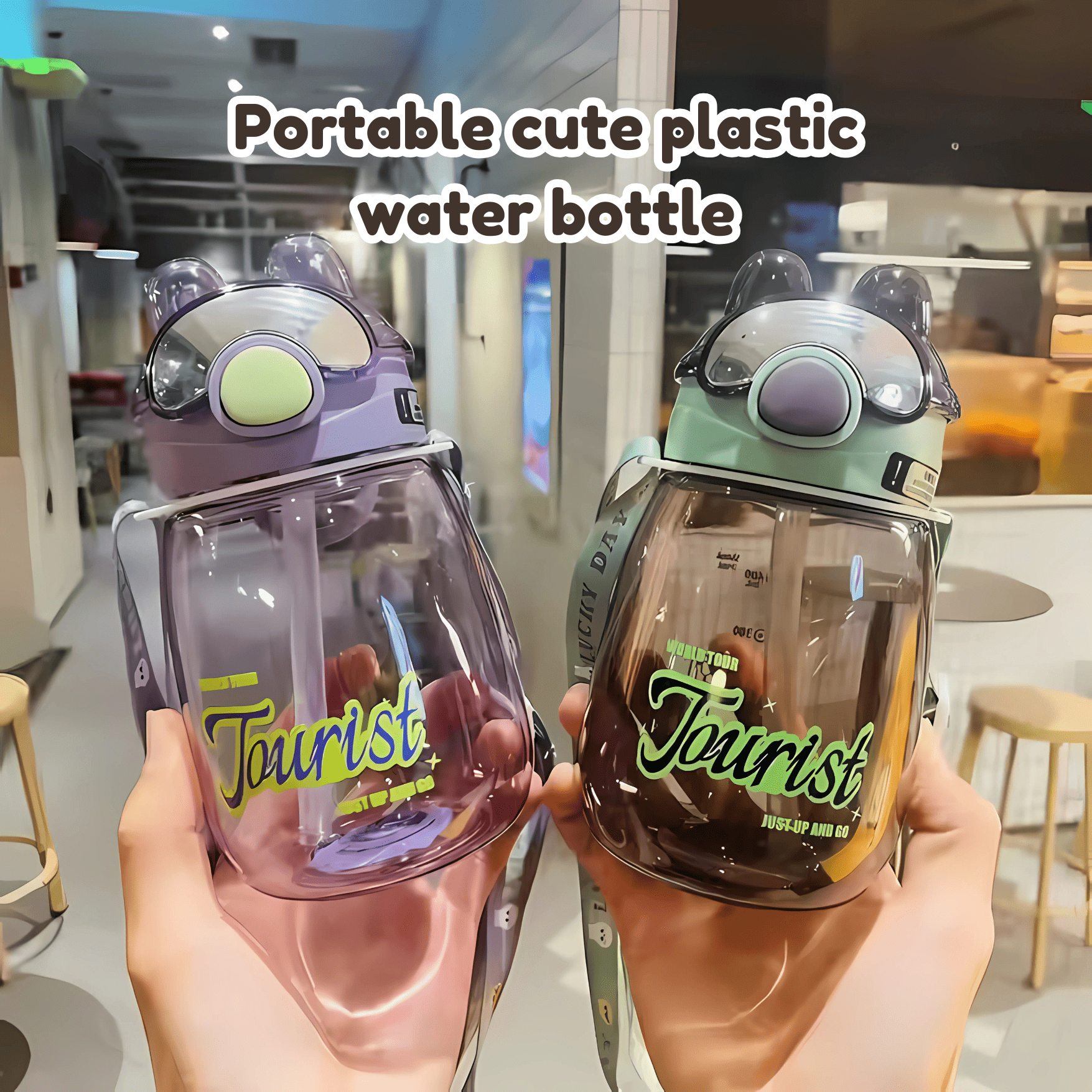 Leak-Proof Cartoon Water Bottle with Straw & Shoulder Strap – 550ml - Pack of 1 hu